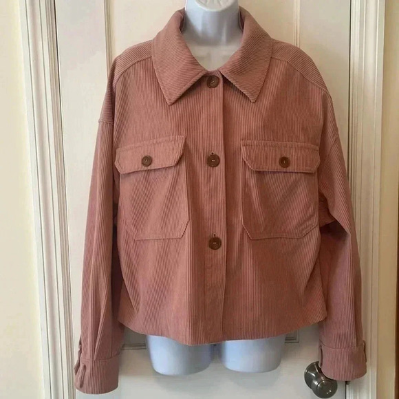 Avec Les Filles Corduroy Relaxed Fit Shacket Shirt Crop Jacket Womens Large Pink - Picture 5 of 17